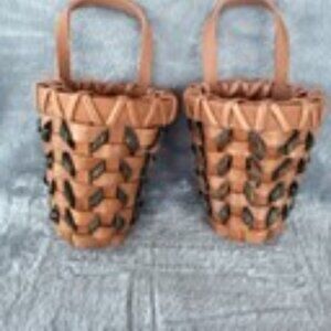 2 small vtg wicker wall basket ratan weaved